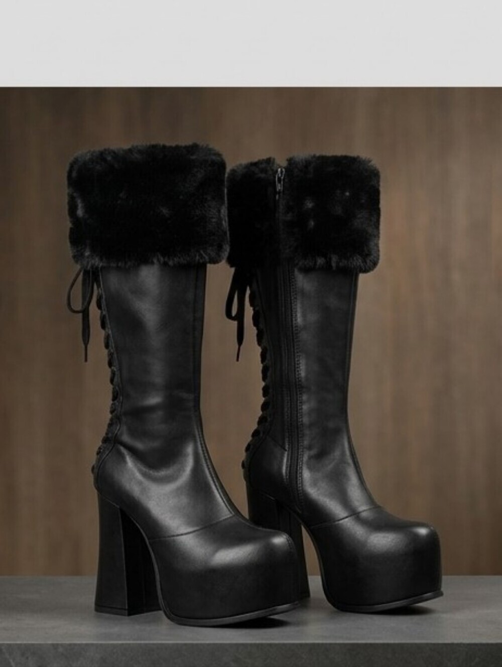 Dolls Kill Sugar Thrillz Sweetest Wishes Black Platform Fur Boots Size 9 EUC